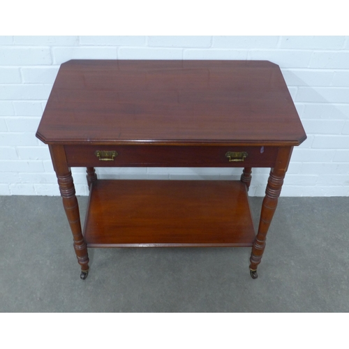 259 - Edwardian mahogany table, rectangular top with canted corners over a single frieze drawer, undertier... 