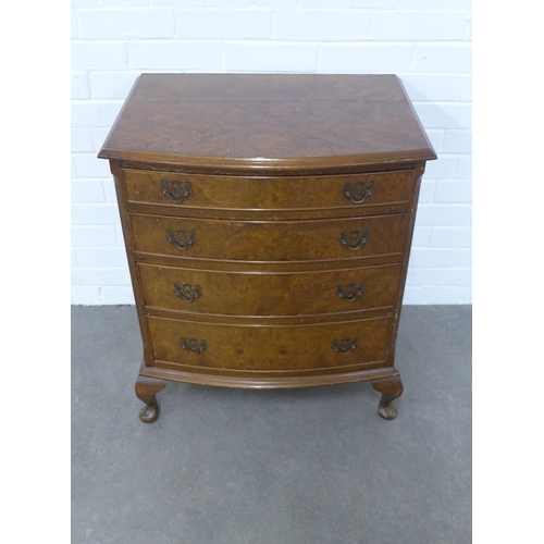 262 - Walnut veneered bow front chest with four graduating drawers, on short cabriole legs,  67 x 78 x 45c... 