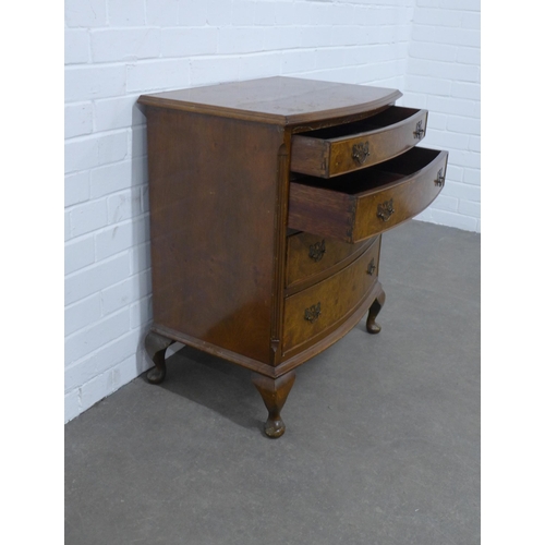 262 - Walnut veneered bow front chest with four graduating drawers, on short cabriole legs,  67 x 78 x 45c... 