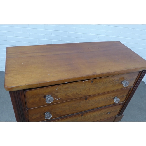 271 - Victorian mahogany chest with three long drawers and bun feet, 122 x 97 x 54cm.