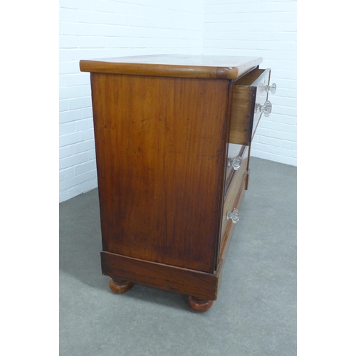 271 - Victorian mahogany chest with three long drawers and bun feet, 122 x 97 x 54cm.