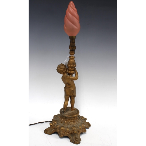 306 - A vintage spelter cherub lamp base, with pink glass shade, 48cm