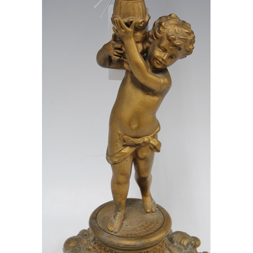 306 - A vintage spelter cherub lamp base, with pink glass shade, 48cm