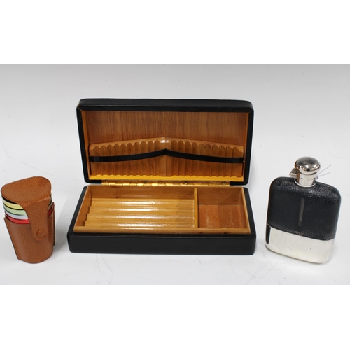 307 - Black cigar box with hide top, 22 x 12cm, together with an Epns and leather hip flask and a set of f... 