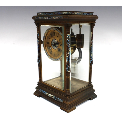 308 - French Brass and champleve enamel four glass panelled mantle clock, with presentation plaque for 190... 