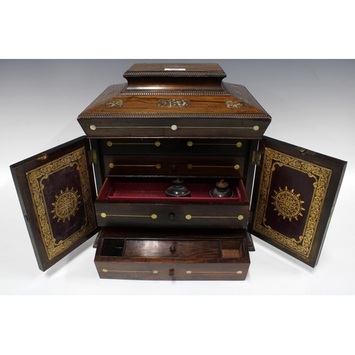 309 - William IV mother of pearl inlaid rosewood jewellery casket, with lift up sarcophagus top, four inte... 