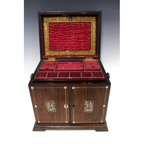 309 - William IV mother of pearl inlaid rosewood jewellery casket, with lift up sarcophagus top, four inte... 