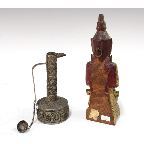 313 - Giltwood kneeling buddha, 25cm, together with a white metal coffee pot (2)