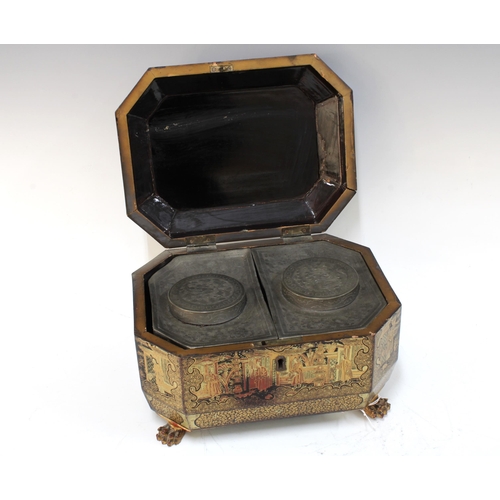 315 - 19th century Chinese Export black lacquered tea caddy, Black lacquer and gilt tea caddy, octagonal w... 