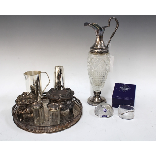 319 - Collection of silver plate, including a claret jug 34cm, circular tray, two art nouveau style boxes,... 