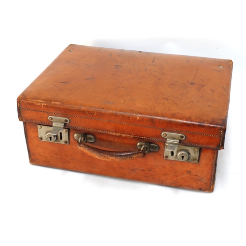 326 - An Edwardian  Walker & Hall brown leather vanity travel case with green silk fitted interior contain... 