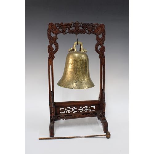 329 - Chinese brass bell table gong with stylised pierced stand, with beater (a/f)  24 x 46cm