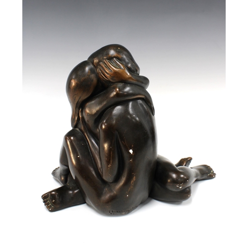 335 - Bronze patinated plaster sculpture of two people embracing, marked Leonardo Art 1968, 44 x 33cm (som... 