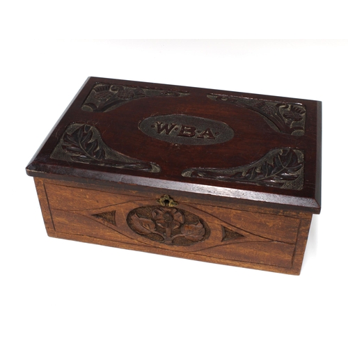 337 - Wooden pokerwork box, monogrammed W.B.A with thistles, leaves and flowers 35 x 13 x 23cm