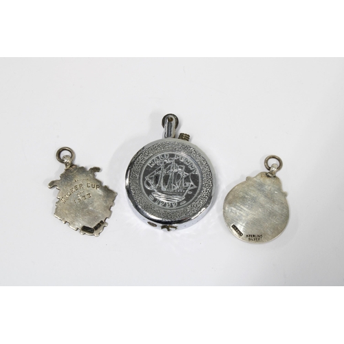 37 - Silver fob medallion and another together with a Half Penny lighter (3)