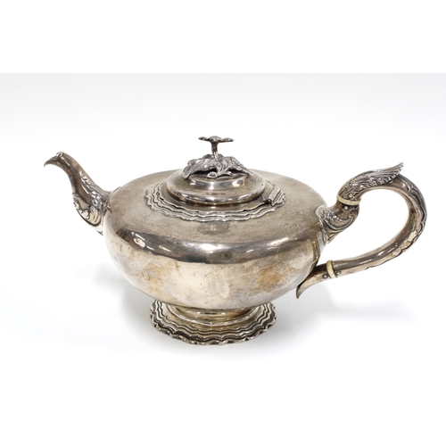 38 - Victorian silver teapot, London 1839, the lid with flower head finial, handle with bone insulators