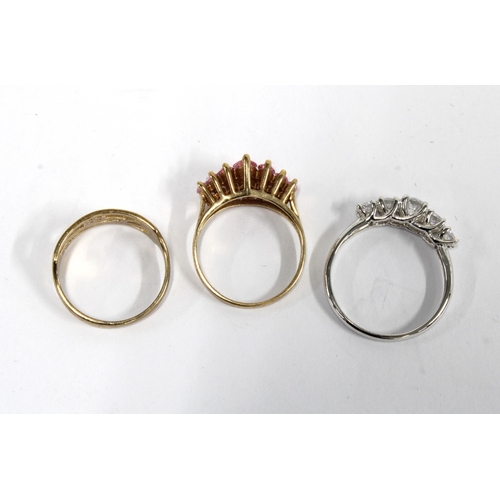 60 - 15ct white gold dress ring, 9ct gold Macintosh style ring and a 9ct gold pink CZ dress ring (3)