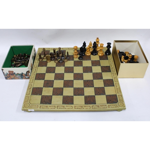 364 - Composite chessboard, 38cm, together with a set of wooden chess pieces, tallest piece 7cm, and a set... 