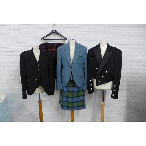 351 - Highland dress outfits to include a wool jacket and kilt,  two dress jackets and a box pleat kilt a/... 