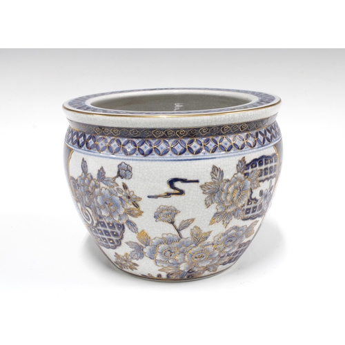 288 - Small Chinese fish bowl planter, with gilt blue and white florals on the exterior and goldfish on th... 