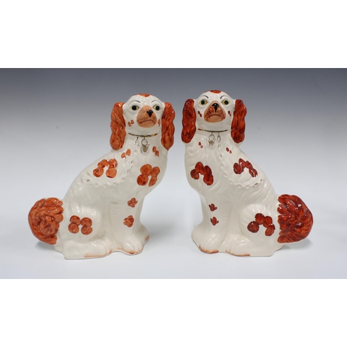 316 - Pair of Staffordshire red and white chimney spaniels / wally dugs, 29cm (2)