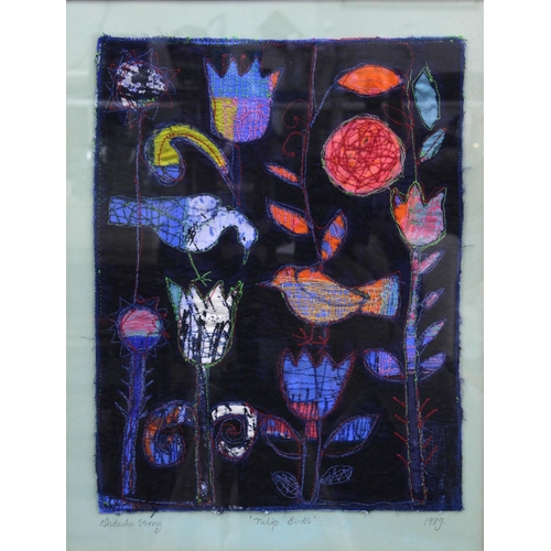 343 - NATASHA STRONG, TULIP BIRDS 1989 embroidery, signed and framed under glass, 21 x 27cm