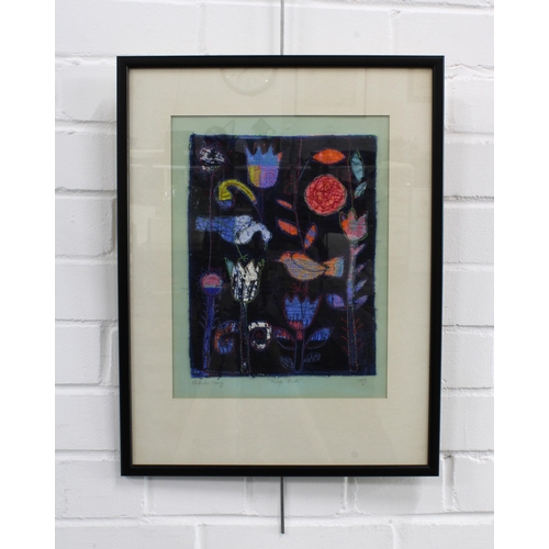 343 - NATASHA STRONG, TULIP BIRDS 1989 embroidery, signed and framed under glass, 21 x 27cm