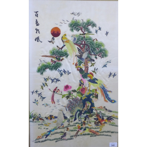 345 - Chinese embroidery of birds, framed under glass, 43 x 71cm