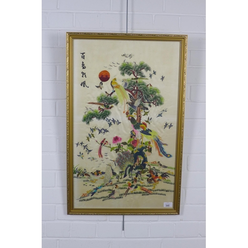 345 - Chinese embroidery of birds, framed under glass, 43 x 71cm