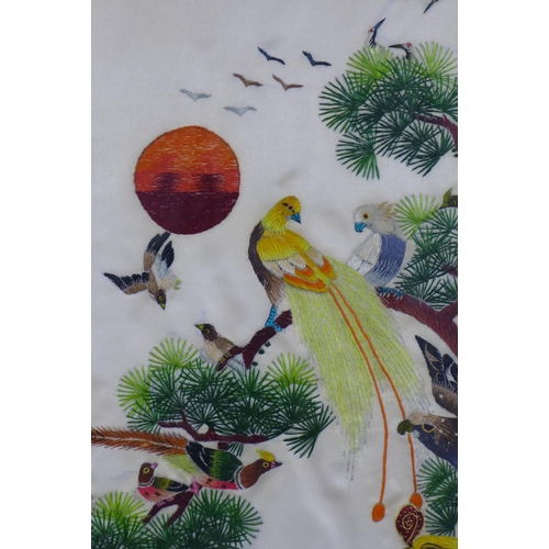 345 - Chinese embroidery of birds, framed under glass, 43 x 71cm