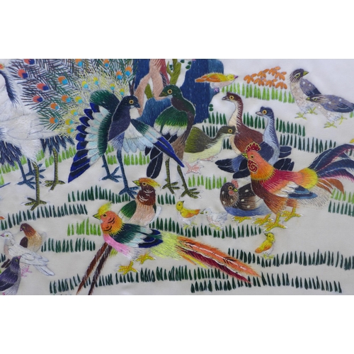 345 - Chinese embroidery of birds, framed under glass, 43 x 71cm