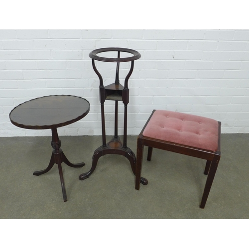 347 - Mahogany wash stand on tripod feet, 48 x 85cm, together with a pink velvet button upholstered stool,... 