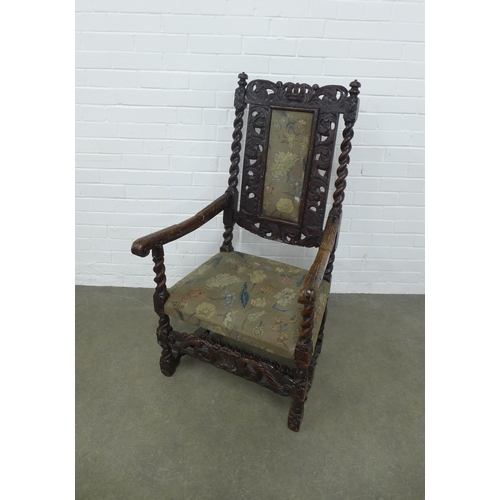 348 - Charles II style walnut carver chair, decorated with carved acanthus leaves and a crown on the top r... 