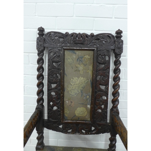 348 - Charles II style walnut carver chair, decorated with carved acanthus leaves and a crown on the top r... 