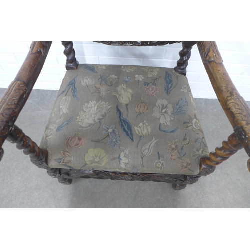 348 - Charles II style walnut carver chair, decorated with carved acanthus leaves and a crown on the top r... 