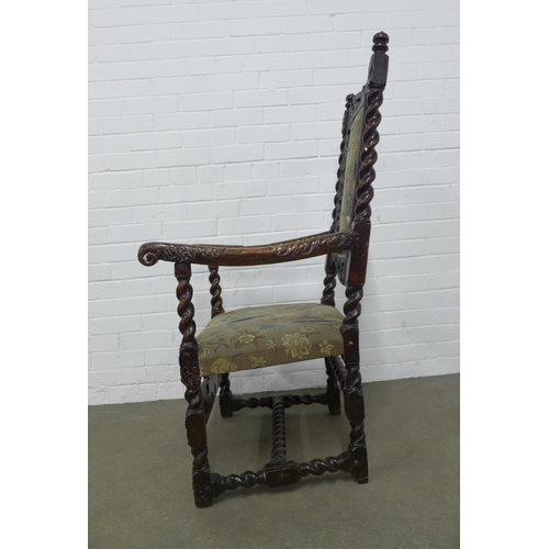 348 - Charles II style walnut carver chair, decorated with carved acanthus leaves and a crown on the top r... 