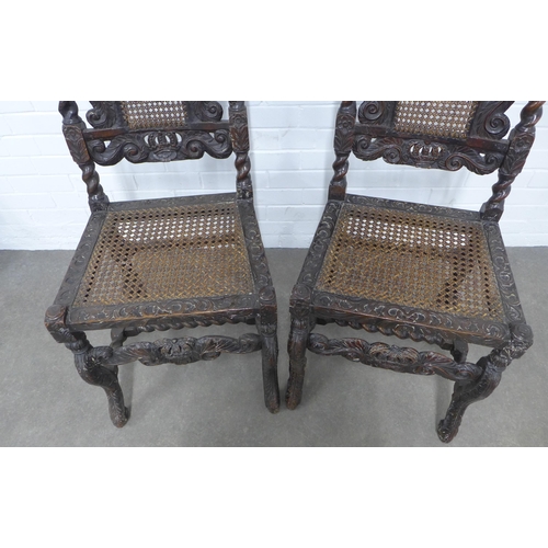 349 - Two Charles II style walnut chairs, carved with scroll leaves and crowns, barley twist supports, and... 