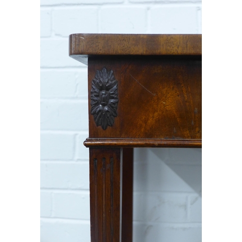 352 - Mahogany serpentine console table on tapering legs and spade feet, with one drawer, 107 x 83 x 43cm.