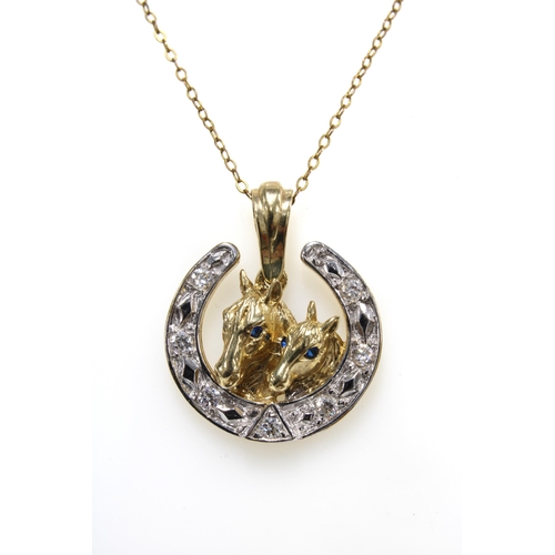 5 - 9ct gold gemset horse head and horseshoe pendant, stamped 375, on a yellow metal chain