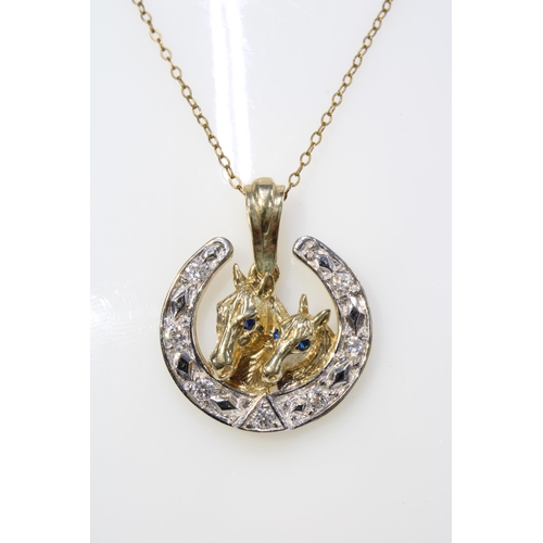 5 - 9ct gold gemset horse head and horseshoe pendant, stamped 375, on a yellow metal chain