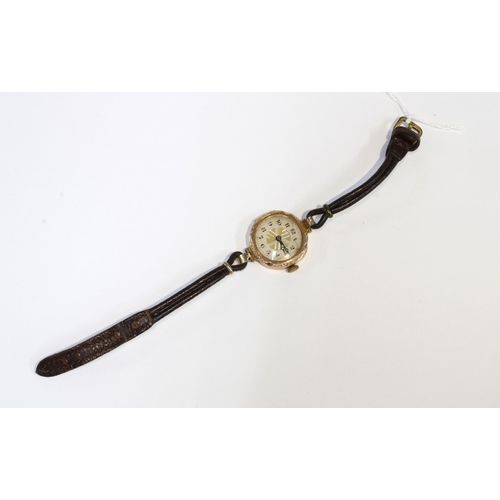 14 - Early 20th century Ladies 9ct gold cased wristwatch with leather strap