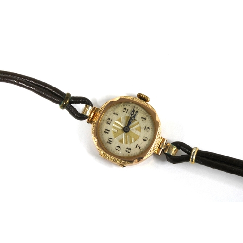 14 - Early 20th century Ladies 9ct gold cased wristwatch with leather strap