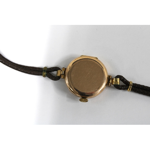 14 - Early 20th century Ladies 9ct gold cased wristwatch with leather strap