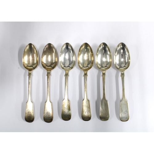 15 - A Victorian set of six fiddle pattern silver teaspoons, four dated 1845 and two dated 1854 (6)