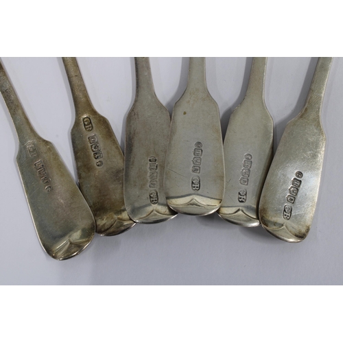 15 - A Victorian set of six fiddle pattern silver teaspoons, four dated 1845 and two dated 1854 (6)