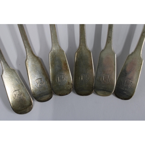 15 - A Victorian set of six fiddle pattern silver teaspoons, four dated 1845 and two dated 1854 (6)