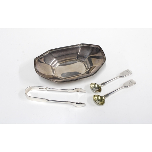 22 - George V silver dish, Sheffield 1934, 14cm long, Sheffield silver sugar tongs and two William IV sil... 