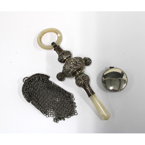 39 - SS Mooltan silver pendant, a metal chain purse and a baby's silver rattle with mother or pearl teeth... 