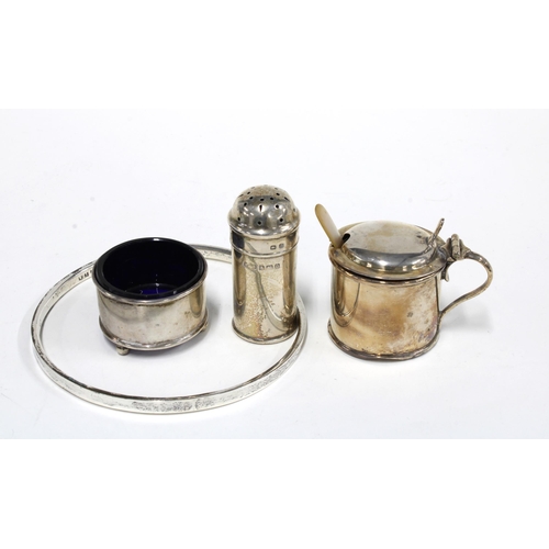 42 - Three silver condiments, mixed hallmarks and a Sterling silver hoop, (4)