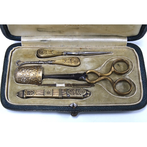 43 - Early 20th century gilt metal sewing kit, with a silver gilt thimble, Birmingham 1901, in original f... 